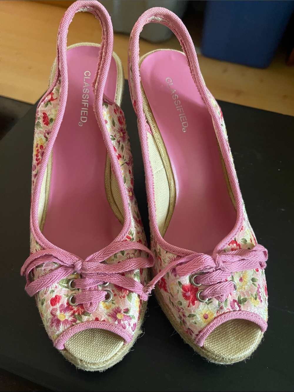 CLASSIFIED Pink Floral Lace-Up Espadrille Wedges